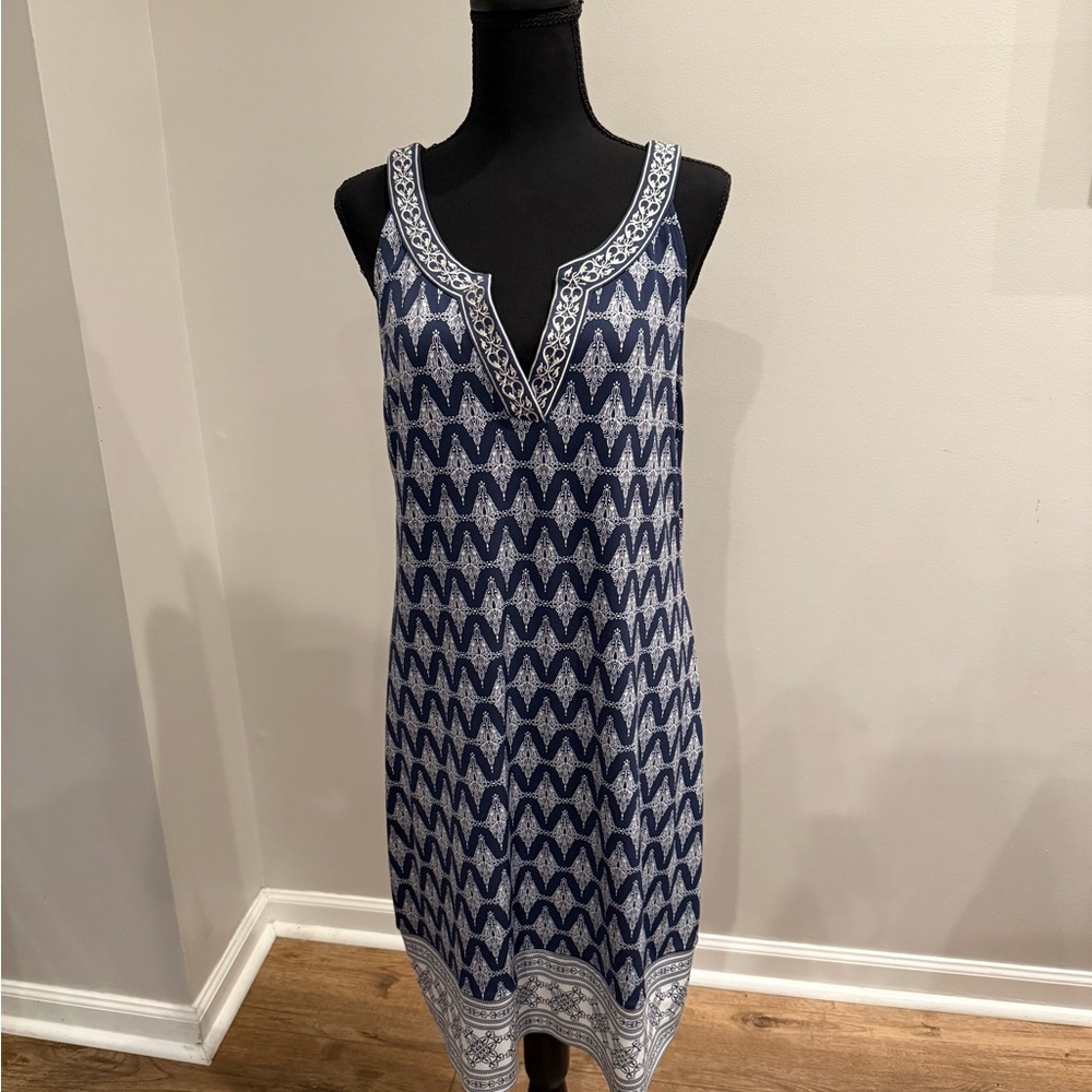 Elegant Blue and White Midi Dress